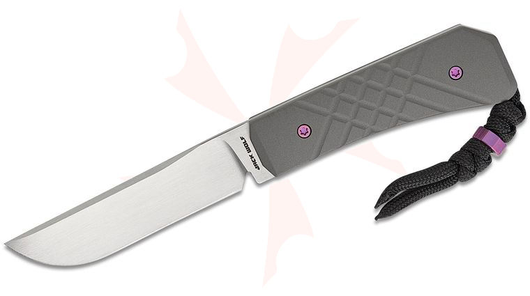 Jack Wolf Knives Pioneer FIXedc Traditional Pocket Fixed Blade Knife 3 inch CPM-S90V Hand Satin Drop Point Blade, Dark Blast Titanium Cross Hatch 2 Handles, Leather Sheath