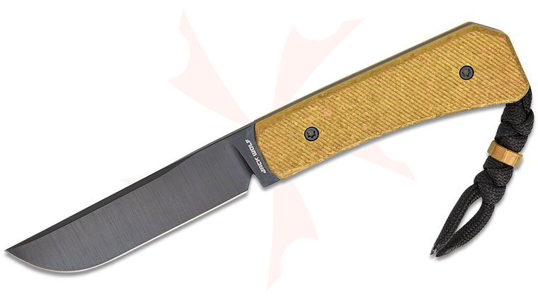 Jack Wolf Knives Pioneer FIXedc Traditional Pocket Fixed Blade Knife 3 inch CPM-S90V Black DLC Drop Point Blade, Gold Anodized Crystalized Sawcut Titanium Handles, Leather Sheath - KnifeCenter Exclusive