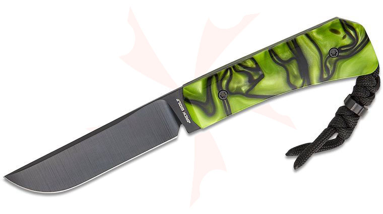Jack Wolf Knives Pioneer FIXedc Traditional Pocket Fixed Blade Knife 3 inch CPM-S90V Black DLC Drop Point Blade, Toxic Green Kirinite Handles, Leather Sheath