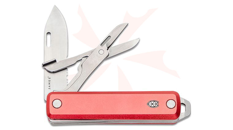 The James Brand Ellis Multi-Functional Folding Knife 2.6 inch Sandvik 12C27 Satin Combo Blade, Scissors, Coral Anodized Aluminum Handles