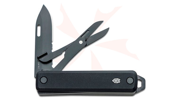 The James Brand Ellis Multi-Functional Folding Knife 2.6 inch Sandvik 12C27 Black Combo Blade, Scissors, Black G10 Handles