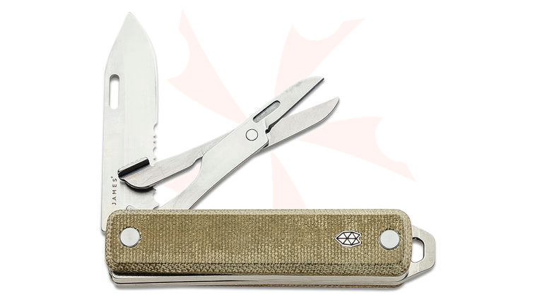 The James Brand Ellis Multi-Functional Folding Knife 2.6 inch Sandvik 12C27 Satin Combo Blade, Scissors, Green Canvas Micarta Handles