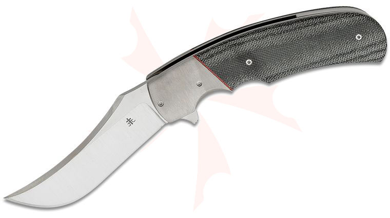 Jason Clark Custom Model 4 Flipper Knife 3.45 inch CPM-MagnaCut Hand Rubbed Upswept Blade, Black Canvas Micarta Handles with Satin Titanium Bolsters, Leather Pouch