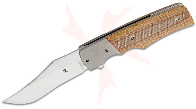 Jason Clark Custom Model 3.3 Flipper Knife 3 inch CTS-XHP Hand Rubbed Clip Point Blade, Natural Linen Micarta Handles with Titanium Bolsters, Leather Pouch