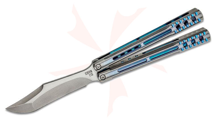 JK Designs Custom Orca #115 Butterfly Knife 4.5 inch S35VN Low Polished Blade, Integral Stonewashed Teal Anodized Titanium Handles with Milled Accents - Bushing Pivot