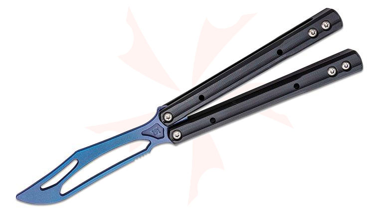 JK Designs Custom Orca Trainer Butterfly Knife 4.375 inch Blue Titanium Blade, Integral Black G10 Handles - Bushing Pivot
