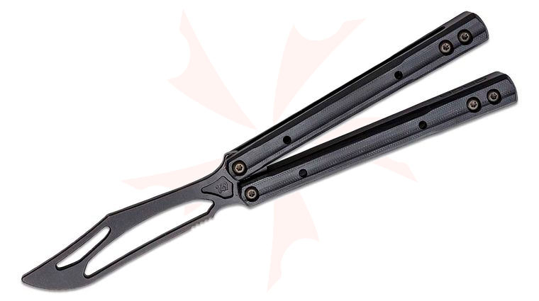 JK Designs Custom Orca Trainer Butterfly Knife 4.375 inch Denim Black Titanium Blade, Integral Black G10 Handles - Bushing Pivot