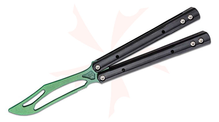 JK Designs Custom Orca Trainer Butterfly Knife 4.375 inch Green Titanium Blade, Integral Black G10 Handles - Bushing Pivot