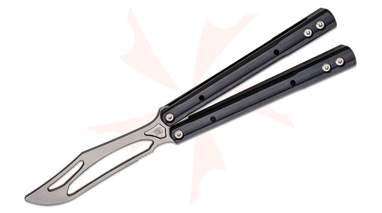 JK Designs Custom Orca Trainer Butterfly Knife 4.375 inch Zirblasted Titanium Blade, Integral Black G10 Handles - Bushing Pivot