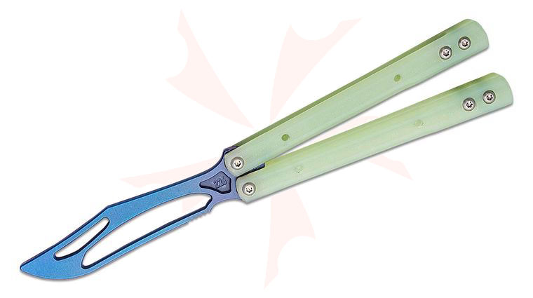 JK Designs Custom Orca Trainer Butterfly Knife 4.375 inch Blue Titanium Blade, Integral Jade G10 Handles - Bushing Pivot