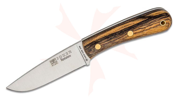 Joker Knives Montanero Fixed Blade Knife 4.29 inch Sandvik 14C28N Satin Clip Point, Bocote Wood Handles, Leather Sheath