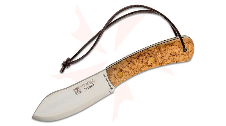 Joker Knives Nessmuk S Fixed Blade Knife 4.35 inch 14C28N Satin Nessmuk, Curly Birch Handles, Leather Sheath
