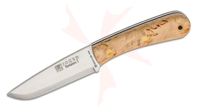 Joker Knives Montanero Fixed Blade Knife 4.29 inch Sandvik 14C28N Satin Clip Point, Curly Birch Wood Handles, Leather Sheath