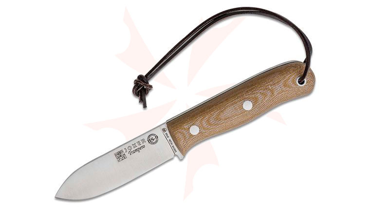 Joker Knives Trampero Fixed Blade Knife 3.95 inch 14C28N Satin Spear Point, Tan Canvas Micarta Handles, Leather Sheath