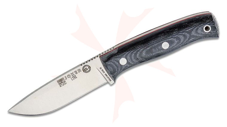 Joker Knives Lynx Fixed Blade Knife 4.17 inch Bohler N695 Satin Drop Point, Black Canvas Micarta Handles, Black Leather Sheath