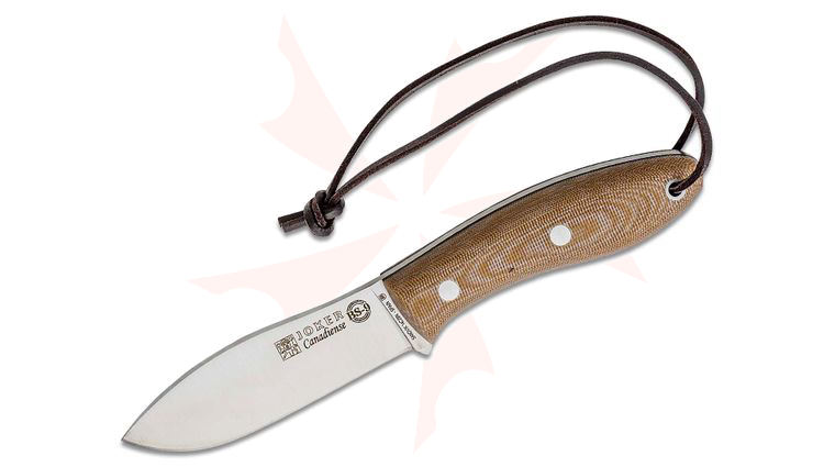 Joker Knives Canadian Fixed Blade Knife 4.21 inch 14C28N Satin Nessmuk, Tan Canvas Micarta Handles, Leather Sheath