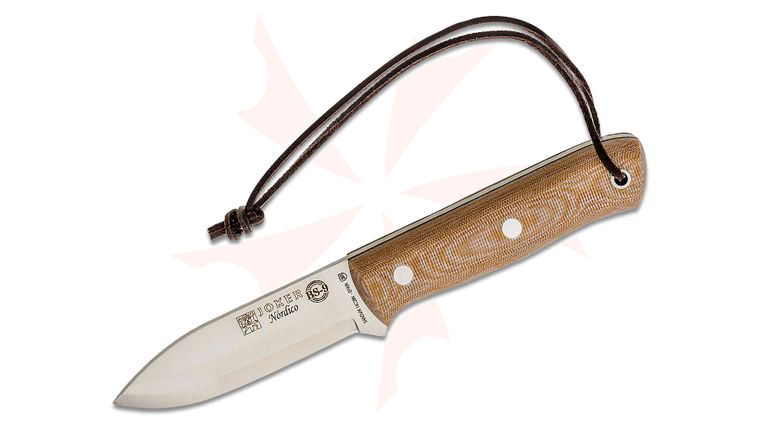 Joker Knives Nordico Fixed Blade Knife 3.94 inch Sandvik 14C28N Satin Drop Point, Tan Canvas Micarta Handles, Brown Leather Sheath