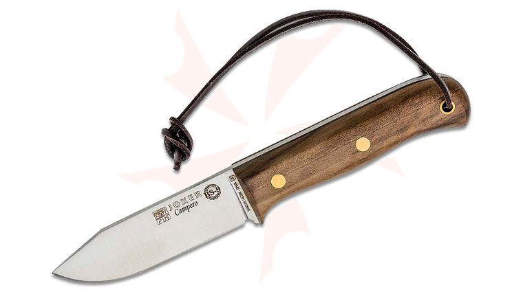 Joker Knives Bushcraft Campero Fixed Blade Knife 4.07 inch Sandvik 14C28N Satin Clip Point, Walnut Handles, Leather Sheath