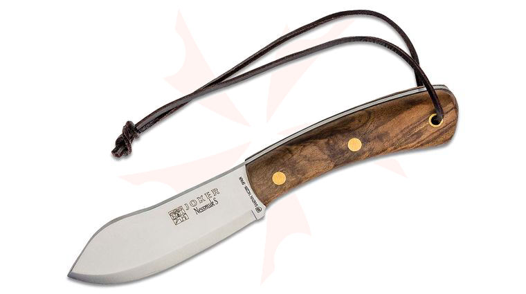 Joker Knives Nessmuk S Fixed Blade Knife 4.35 inch 14C28N Satin Nessmuk, Walnut Wood Handles, Leather Sheath
