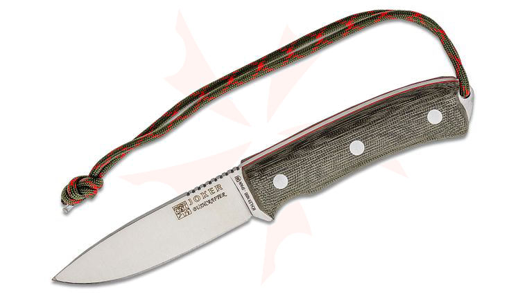 Joker Knives Bushcrafter Fixed Blade Knife 4.13 inch Bohler N695 Satin Drop Point, Green Micarta Handles, Leather Sheath