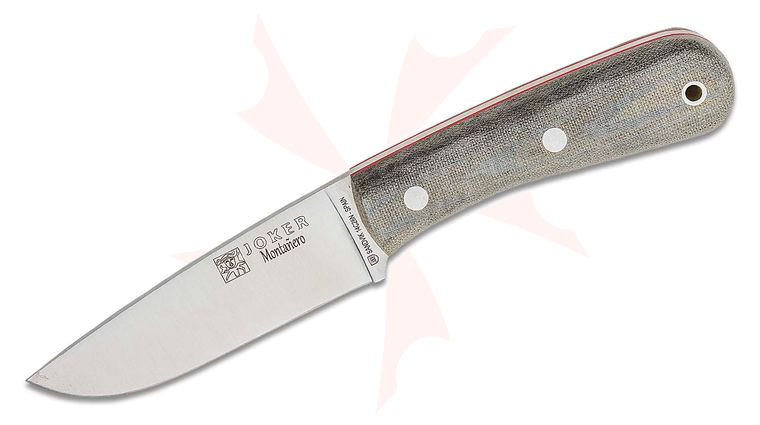 Joker Knives Montanero Fixed Blade Knife 4.29 inch Sandvik 14C28N Satin Clip Point, Green Canvas Micarta Handles, Black Leather Sheath