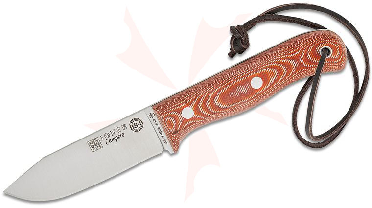 Joker Knives Bushcraft Campero Fixed Blade Knife 4.07 inch Sandvik 14C28N Satin Clip Point, Brown Canvas Micarta Handles, Leather Sheath