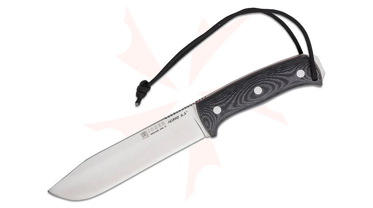 Joker Knives Nomad 6.5 Fixed Blade Knife 6.75 inch Bohler N695 Satin Drop Point, Black Canvas Micarta Handles, Black Leather Sheath