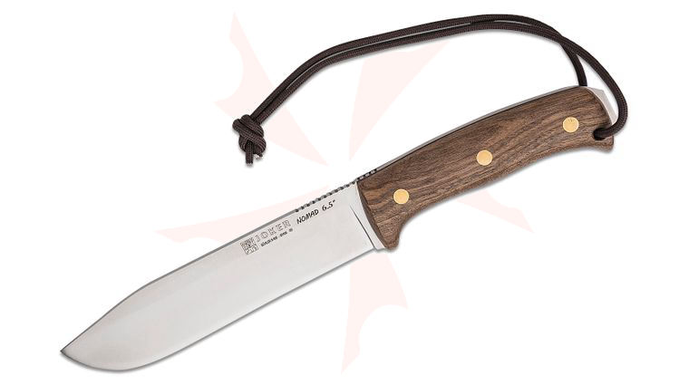 Joker Knives Nomad 6.5 Fixed Blade Knife 6.75 inch Bohler N695 Satin Drop Point, Walnut Wood Handles, Leather Sheath