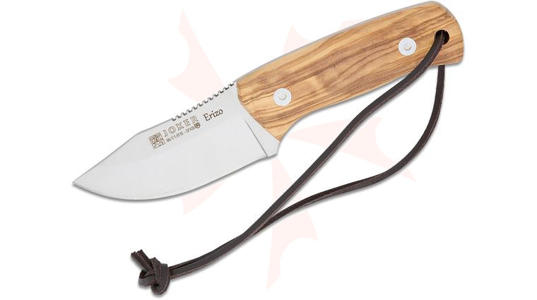 Joker Knives Erizo Fixed Blade Knife 3 inch 1.4116 Satin Clip Point Blade, Olive Wood Handles, Leather Sheath