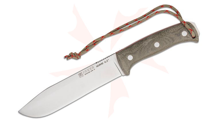 Joker Knives Nomad 6.5 Fixed Blade Knife 6.75 inch Bohler N695 Satin Drop Point, Green Canvas Micarta Handles, Black Leather Sheath