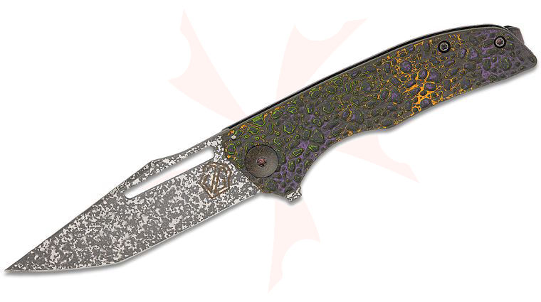 John Gray Custom SLITTER V2 Frame Lock Flipper Knife 3.75 inch MagnaCut Dark Rain Tanto Blade, Bubble Matrix  inchWitches Brew inch CamoCarbon and Ported Purple  inchBarked inch Titanium Handles