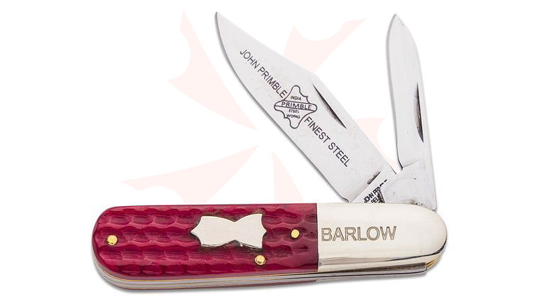 John Primble Bluegrass Barlow Slipjoint, 2 Carbon Steel Blades, Red Jigged Bone Handle with Nickel Silver Bolster