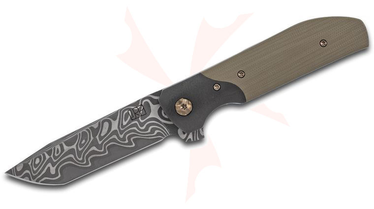 Jared Price Custom Wren Flipper Knife 3.625 inch Nichols Low Layer XHP Core Damascus Blade, OD Green Handles with Zirconium Bolsters and Clip