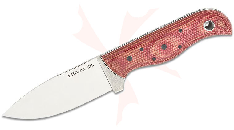 KHDaily Bushcrafter Fixed Blade Knife 4.25 inch CPM-MagnaCut Satin Drop Point Blade, Red Firehose Burlap Micarta Handles with Black and White Liners, Thorn Filework, Leather Sheath