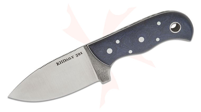 KHDaily Pocket Bushcrafter Fixed Blade Knife 3.25 inch CPM-MagnaCut Satin Drop Point Blade, Blue Canyon Richlite Handles with White Liners, Bubbles Filework, Leather Sheath