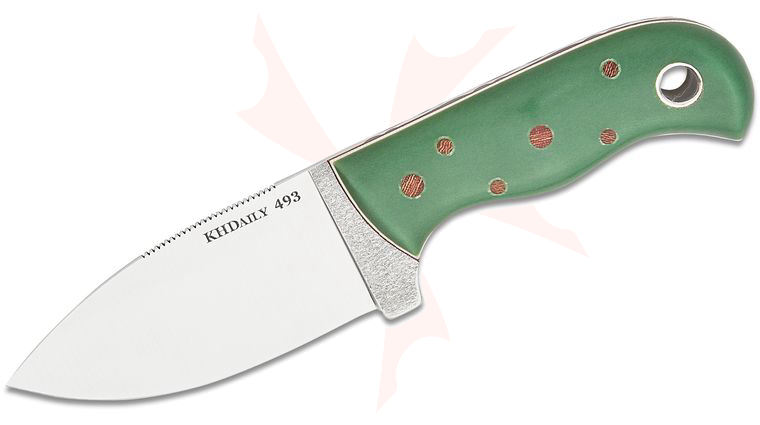 KHDaily Pocket Bushcrafter Fixed Blade Knife 3.25 inch CPM-MagnaCut Satin Drop Point Blade, Green Paper Micarta Handles with Natural and Green Liners, Bubbles Filework, Leather Sheath