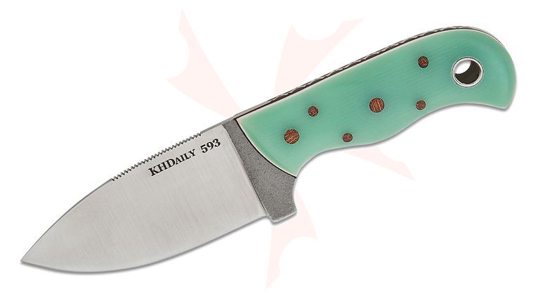 KHDaily Pocket Bushcrafter Fixed Blade Knife 3.25 inch CPM-MagnaCut Satin Drop Point Blade, Natural (Jade) G10 Handles with White/Natural Liners, Blocks Filework, Leather Sheath