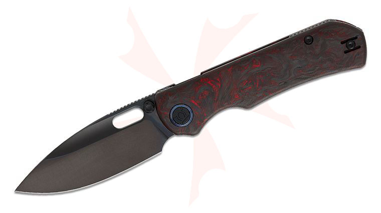 Kunwu Knives Excalibur Verta Lock Folding Knife 3.7 inch Elmax Black DLC Drop Point Blade, Red Carbon Fiber Handles, Timascus Pivot Collars