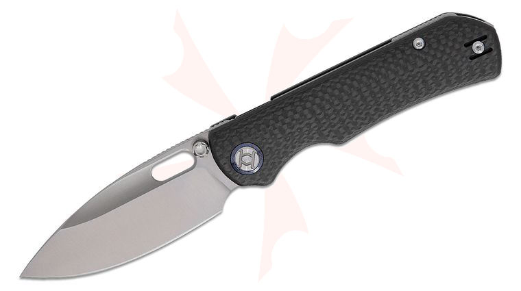 Kunwu Knives Excalibur Verta Lock Folding Knife 3.7 inch Elmax Satin Drop Point Blade, Black Carbon Fiber Handles, Timascus Pivot Collars