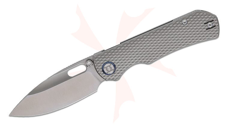 Kunwu Knives Excalibur Verta Lock Folding Knife 3.7 inch Elmax Satin Drop Point Blade, Bead Blasted Diamond Textured Titanium Handles, Timascus Pivot Collars