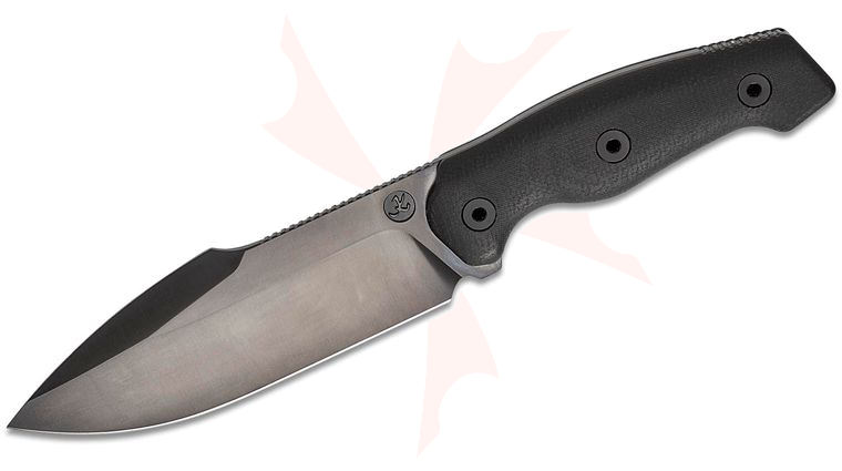 Kunwu Knives Stiffy G Fixed Blade Knife 6.1 inch ASSAB 88 Black DLC Harpoon Blade, Black Canvas Micarta Handles, Kydex Sheath