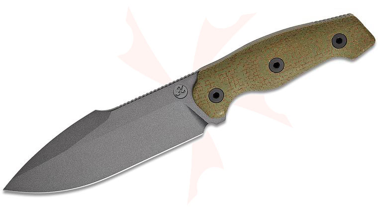 Kunwu Knives Stiffy G Fixed Blade Knife 6.1 inch ASSAB 88 Black Teflon Harpoon Blade, Olive Green Micarta Handles, Kydex Sheath