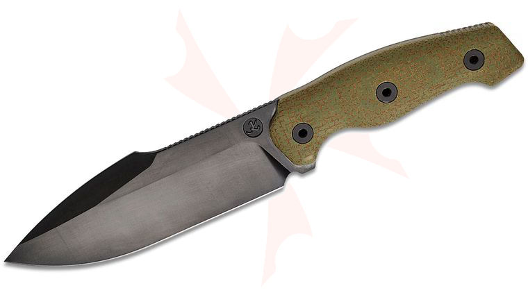 Kunwu Knives Stiffy G Fixed Blade Knife 6.1 inch ASSAB 88 Black DLC Harpoon Blade, Olive Green Micarta Handles, Kydex Sheath