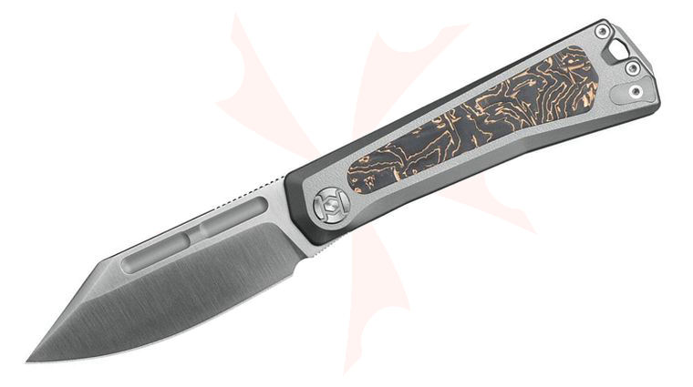 Kunwu Knives Geezer Slipjoint Folding Knife 3.22 inch Elmax Satin Clip Point Blade, Gray Titanium Handles with Copper Foil Carbon Fiber Inlays