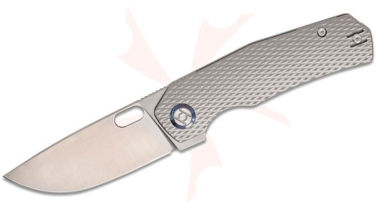 Kunwu Knives TAO III Frame Lock Flipper Knife 3.5 inch Vanax Satin Drop Point Blade, Gray Diamond Textured Titanium Handles, Timascus Pivot Collar