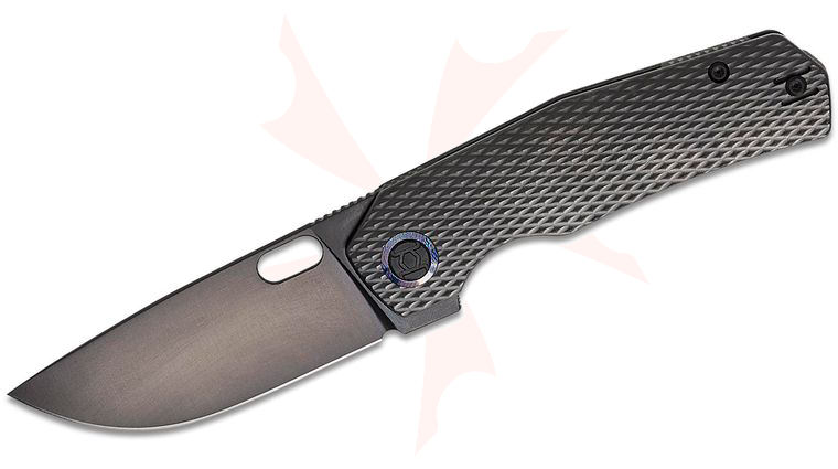 Kunwu Knives TAO III Frame Lock Flipper Knife 3.5 inch Vanax Black DLC Drop Point Blade, Black PVD Diamond Textured Titanium Handles, Timascus Pivot Collar