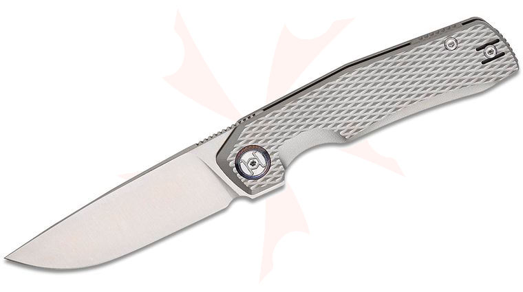 Kunwu Knives TAO II Frame Lock Flipper Knife 3.5 inch Vanax Satin Drop Point Blade, Gray Diamond Textured Titanium Handles, Timascus Pivot Collar