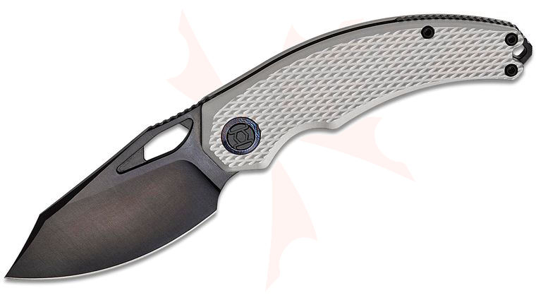 Kunwu Knives Padre Frame Lock Front Flipper Knife 3.34 inch Vanax Black DLC Clip Point Blade, Gray Diamond Textured Titanium Handles, Timascus Pivot Collar