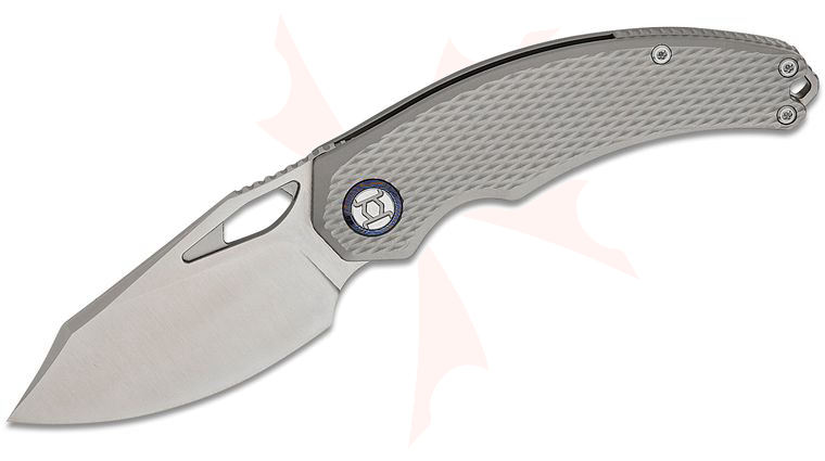Kunwu Knives Padre Frame Lock Front Flipper Knife 3.34 inch Vanax Satin Clip Point Blade, Gray Diamond Textured Titanium Handles, Timascus Pivot Collar