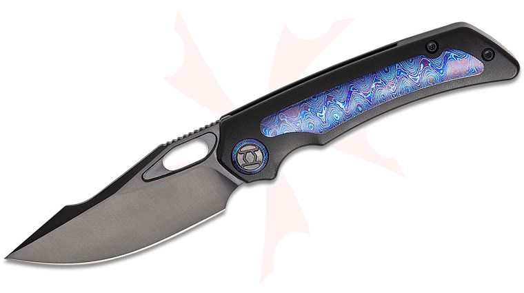 Kunwu Knives Jericho Frame Lock Folding Knife 3.5 inch Vanax Black DLC Harpoon Blade, Black PVD Orange Peel Textured Titanium Handles with Timascus Inlay and Pivot Collars